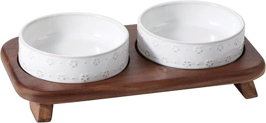 6.1inch Raised Double Cat Bowls Set with Acacia Wood Stand, Wide Whisker Friendly Ceramic Food & Water Bowls for Cats, Puppy, Kitty, Pet Bowl(Double Bowls+Stand, Arctic White)