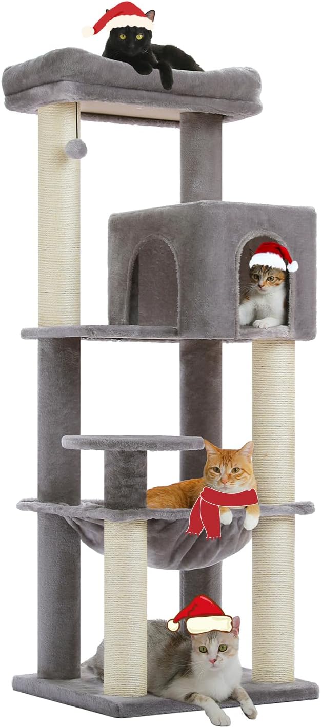 Large Cat Tree with Reinforced Scratching Posts (φ3.7in) for Big Adult Cats 30 lbs, 57.8" Heavy Duty Cat Tower with Larger Hammock and Condo, Cat Furniture for Maine Coon, Plush,Grey