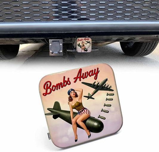 2 Inch Bombs Away Trailer Hitch Cover, Retro Pin-Up Girl Sitting On Bomb Hitch Cover Fit for 2 Inch Hitch Receivers, Rubber Hitch Tube Cover Plug Cap for Trucks Cars SUVs