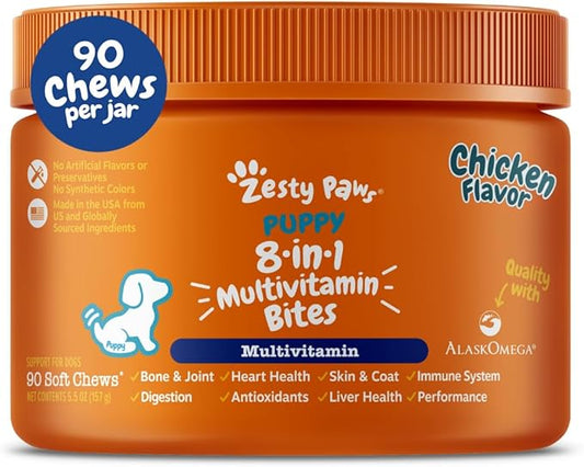 Zesty Paws Dog Multivitamin, Chewable Dog Vitamins and Supplements for Hip & Joints, Skin & Coat, Omega 3 Fish Oil for Dogs- Puppy Multivitamin - Chicken Puppy Bites- 90ct