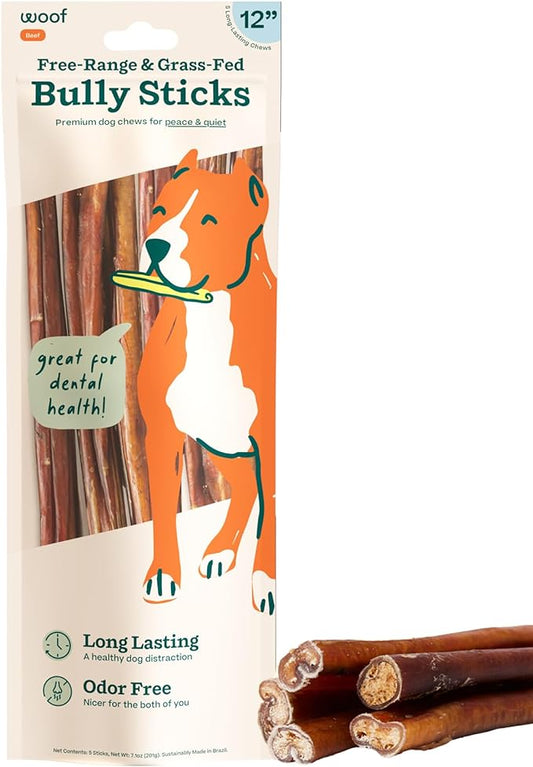WOOF Bully Sticks Dog Treats - Chew Sticks for Dogs - Long-Lasting Dog Chew Treats - Made with Free-Range, Grass-Fed Beef - 12" Sticks - 5pk