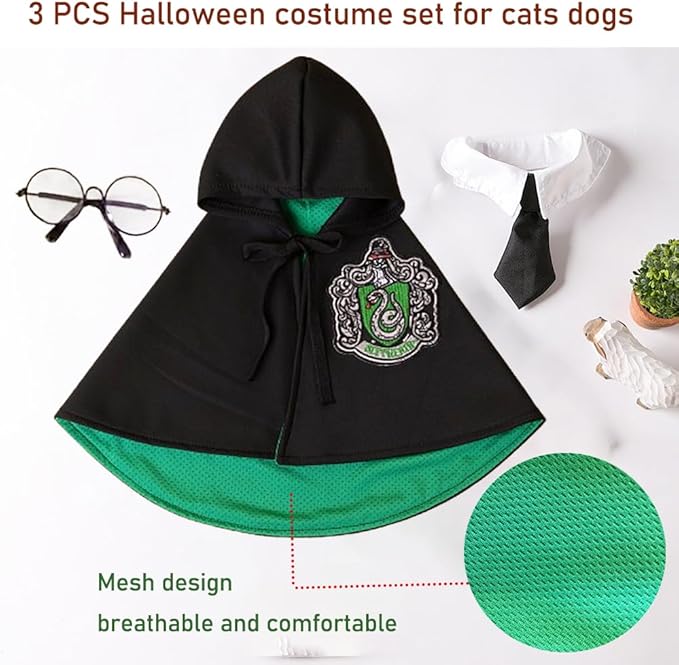 ANIAC 3PCS Halloween Dog Costume Cat Wizard Cape Glasses and Necktie Set Halloween Puppy Outfit Pet Academy Magician Cosplay Apparel for Kitten Cat Small Dogs (Black+Green, Large)