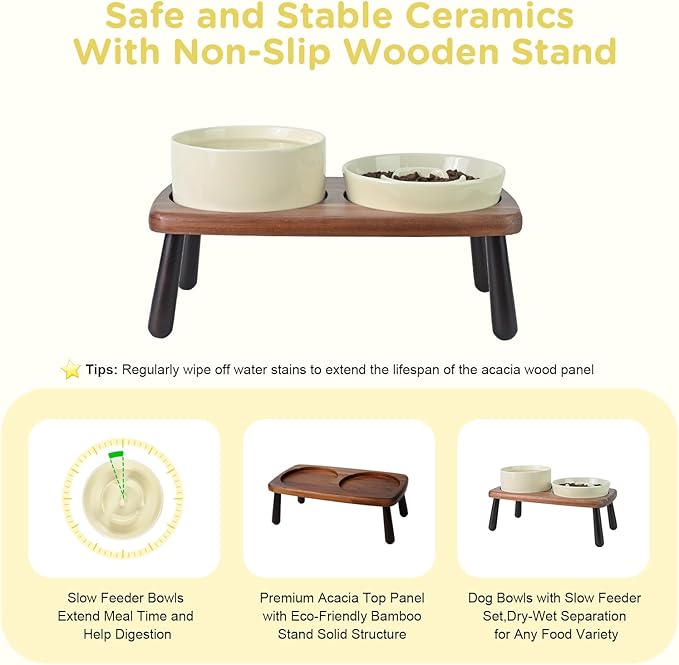 SPUNKYJUNKY Ceramic Elevated Dog Bowls with Slow Feeder Raised with Acacia Bamboo Wooden Stand, 6.1'' Dog and Cat Food Water Bowls Set Non-Slip for Small Medium Sized Breed - Beige