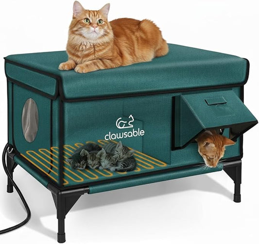 Indestructible Heated Cat House for Outside Winter, 100% Waterproof, Safe Escape Door, Insulated Outdoor Cat Shelter with Heater for Feral Barn Cat Kitty (Forest Green, 27"x17"x18")