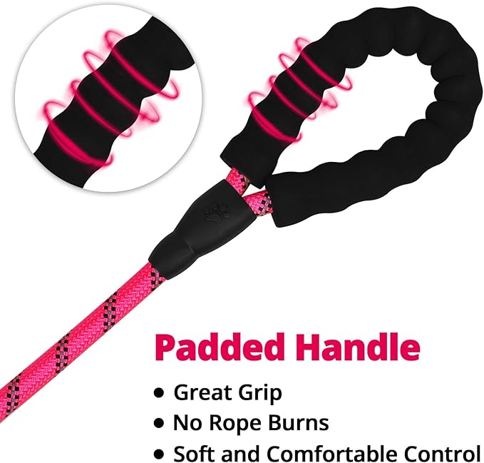 Rope Dog Leash 6 FT: Heavy Duty Leashes with Swivel Lockable Hook Reflective Threads Bungee and Padded Handle - Dog Lead for Large Small Medium Dogs Outside Walking Hiking Pink