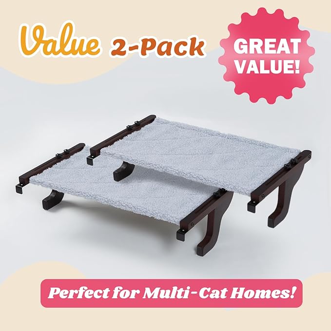 Zakkart 2PC Easy Seat Cat Perch for Window Sill - Hammock Design w/Pine Wood & Robust Metal Frame - Cat Window Seat for Large Cats and Kittens (Dark Stained Wood w/Gray Bed, Large (26''W x 14''D)