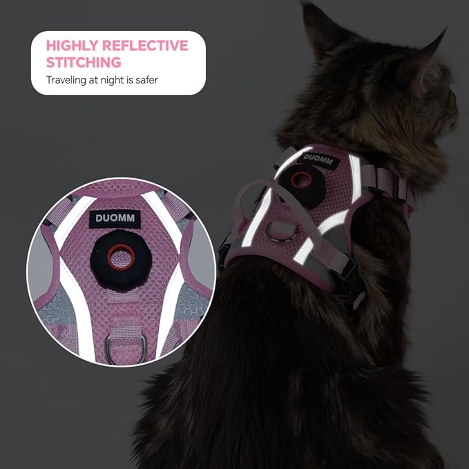 Cat Harness and Leash Set with AirTag Holder: Upgraded Escape Proof Vest with Lead for Small Dog Puppy Large Cat Walking，Soft Breathable Mesh Coat with Reflective Strip (Pink, L)