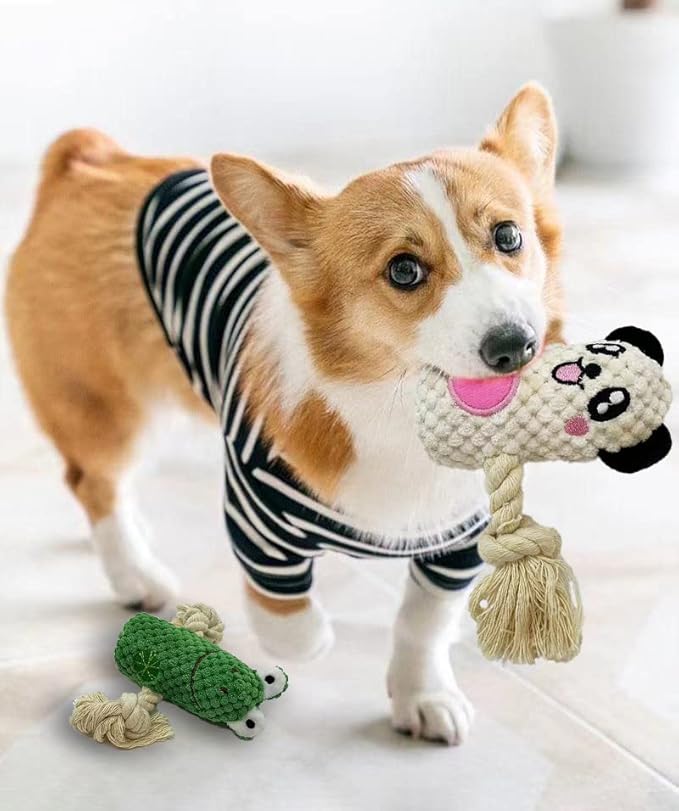 Cute Animal Squeak Dog Toys, No Stuffing Plush Toys, Durable Cotton Rope Chew Toys for Puppy and Small, Medium Dogs, 6 Pack