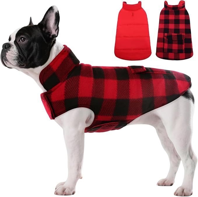 ASENKU Dog Winter Coat, Fleece Doggie Jacket Plaid Reversible Vest Waterproof Windproof Cold Weather Clothes for Small Medium Large Dogs(XS, Red)