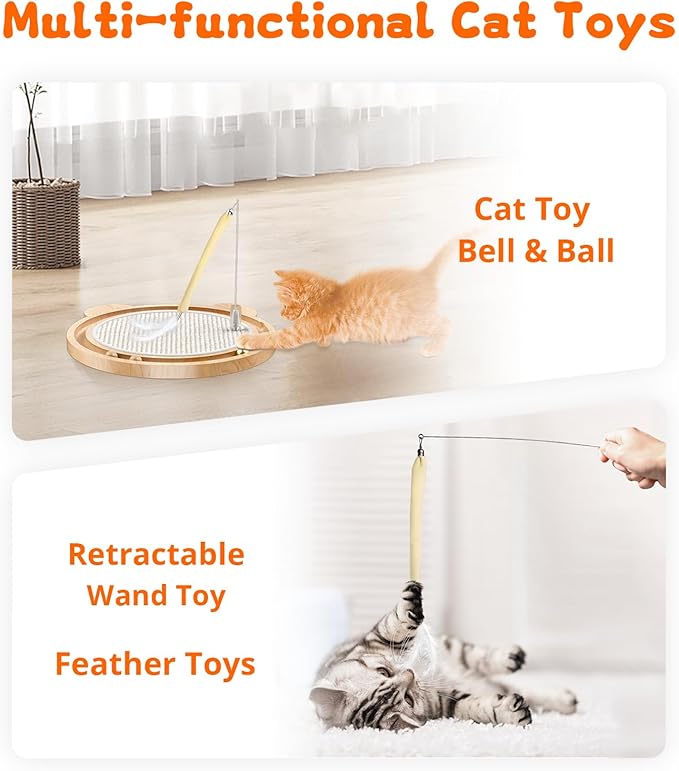 3-in-1 Cat Toys, Scratcher, Toys for Indoor Cats, Natural Sisal Scratching Board, Kitten Interactive with Ball Track & Retractable Wand Toy & Feather