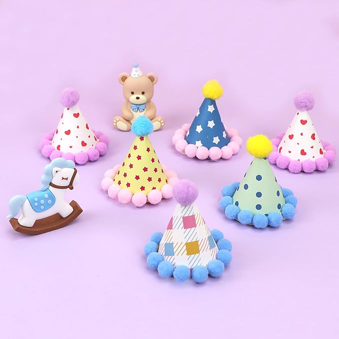 12 Pack Mini Party Hats for Stuffed Animals, Mini Hats with Pom Poms Dog Birthday Party Hats for Dolls Dog Cat Pet Birthday Decoration