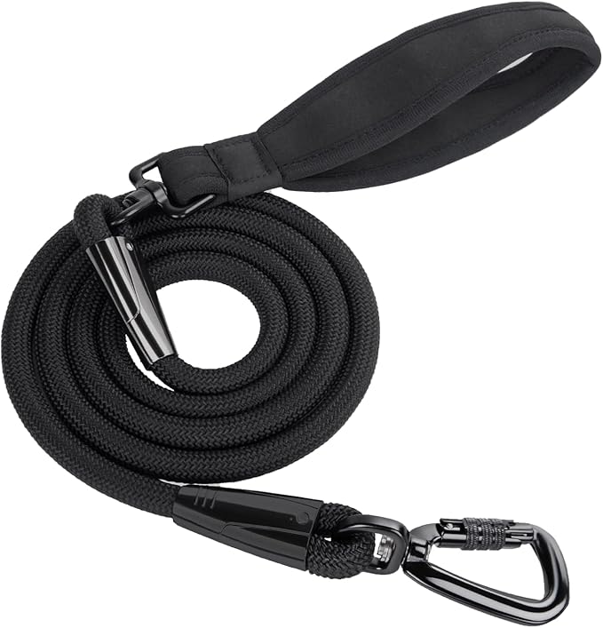6FT Rope Dog Leash for Medium Large Dogs, Tangle-Free with 360° Swivel & Auto-Locking Aviation Aluminum Carabiner, Thick Nylon Training Lead for Walking, Hiking, Running (Black)