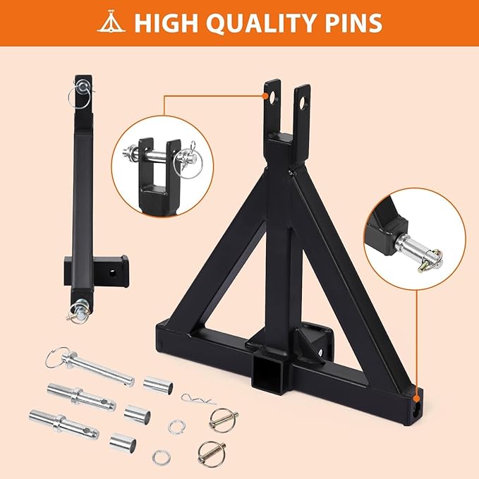 3 Point 2" Trailer Hitch Receiver Heavy-Duty for Category 1 Tractors Compatible with Kubota, BX, LM25H, WLM Tractor, NorTrac, Yanmar, Kioti, Cat