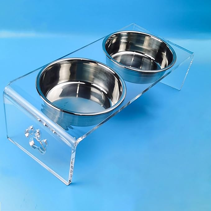 Raised Cat & Dog Bowl, Elevated Pet Feeding Station with 15 Tilted Neck Protective Acrylic Stand, Double Stainless Steel Bowls, for Small, Medium, Large Cats & Dogs