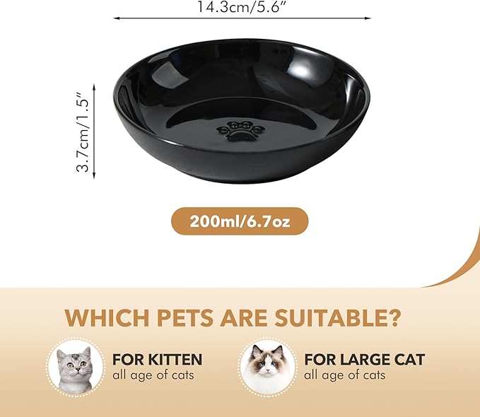 5.7'' Ceramic Wide Whisker Friendly Cat Dishes, Set of 3 Ceramic Cat Bowls, Indoor Kitten Feeding Food& Water Dish to Prevent Whisker Fatigue(3 Pcs, Black)