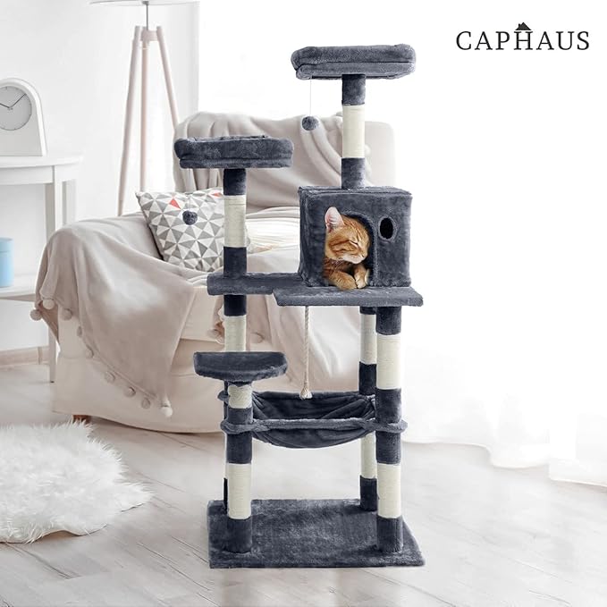 CAPHAUS Extra Wide, Tall Cat Activity Tree w/Two Top Perch, Scratching Posts, Multi-Level Play Tower for Cute Indoor Cats, 58-Inch Modern Cat Tree w/Cat Cave Condo, for Large Cats Kittens
