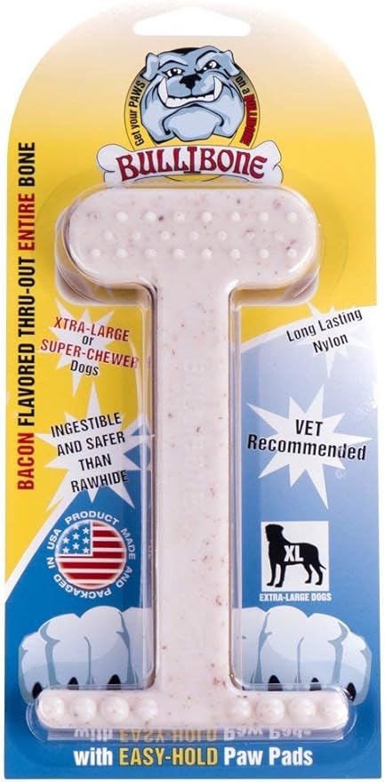 Bullibone Nylon Dog Chew Toy Nylon Bone - Improves Dental Hygiene, Easy to Grip Bottom, and Permeated with Flavor (Bacon, XL - Single)