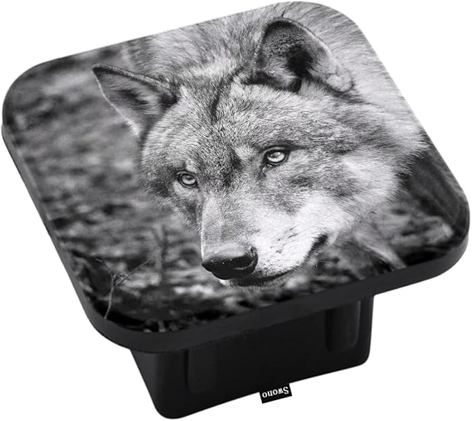 Swono Wolf Trailer Hitch Covers for Trucks, Wildlife Black and White Wolf Standard 2" Trailer Hitch Receiver Covers Universal Fits Most Cars SUV, Tow Hitch Covers for Men Women