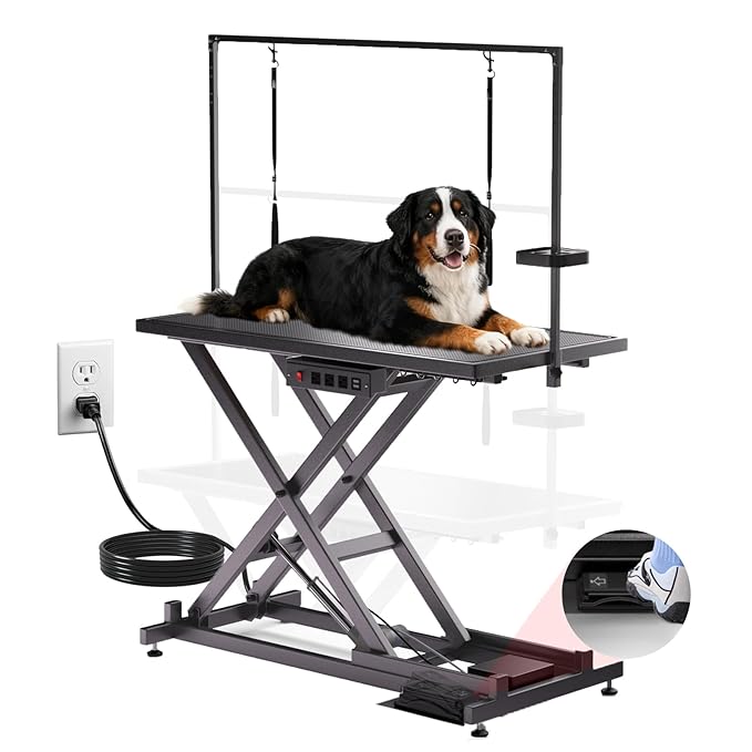 52in Electric Dog Grooming Table, Heavy Duty Adjustable Lift Grooming Table for Large Dogs, Capacity 660IB, with Tool Organizer, Foot Control, Anti Slip Tabletop (Black, 51.2 * 24.2INCH)