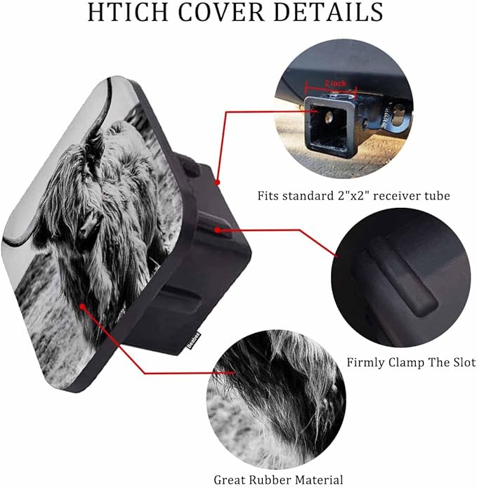 Highland Cow Car Rear Hitch Covers Animal Black White Highland Cattle Hairy Square Trailer Hitch Cover Tube Plug Insert, 2" Towing Rear Hitch Cover for Car Truck, Easy to Install