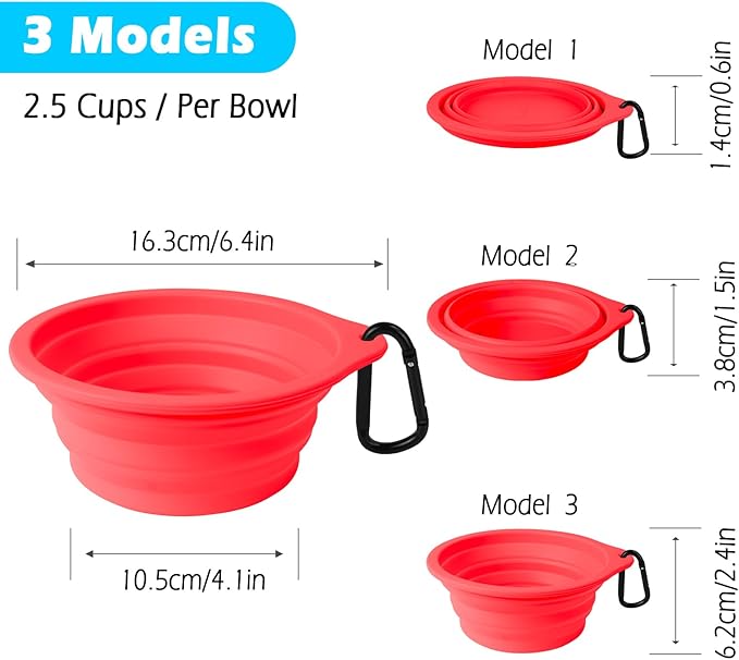PetBonus 2-Pack Silicone Collapsible Dog Bowls, BPA Free Dishwasher Safe, Portable Foldable Expandable Travel Bowl, Food Water Feeding Cup Dish for Dogs Cats with 2 Carabiners (Black, Red)