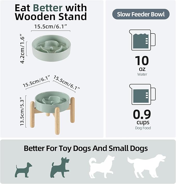 Ceramic 0.9 Cup Raised Dog Slow Feeder Set, Elevated Bowl with Wooden Stand for Small Dog and Cat, 6.1inch Puzzle Slow Dog Food Dish, Anti-Gulping(Light Green, Single Bowl+ Stand)