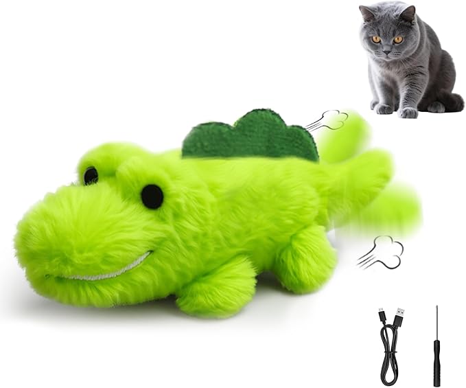 Interactive Cat Toys for Indoor Cats - Self-Charging Croc Chase Toy with 360° Motion, Wagging Tail & Catnip, Automatic Exercise Toy for Bored Kittens/Adults(Long Plush)