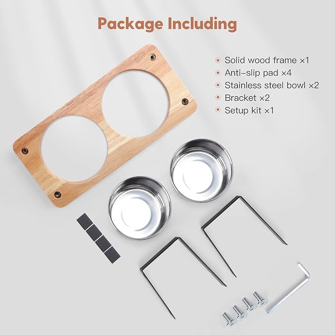 Elevated Cat Bowls, 15° Tilted Raised Cat Food Bowls Wood Pet Bowls with Stand Anti Vomiting 2 Stainless Steel Bowls for Cats and Puppy