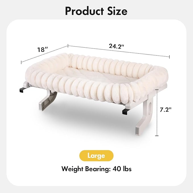 Cat Window Sill Perch,‌ 4-Sided Cushion Bolster Cat Window Seat with ‌Sturdy Frame,‌ ‌Easy Adjust Window Sill Mount Pet Bed for Indoor Cats (White, Large)