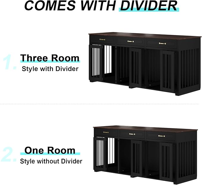 Dog Crate Furniture - Indoor Wooden Dog Kennel Furniture with 2 Dividers, 3 Drawers, and 3 Lockable Doors - 72"x23.6"x31.5"H, Black