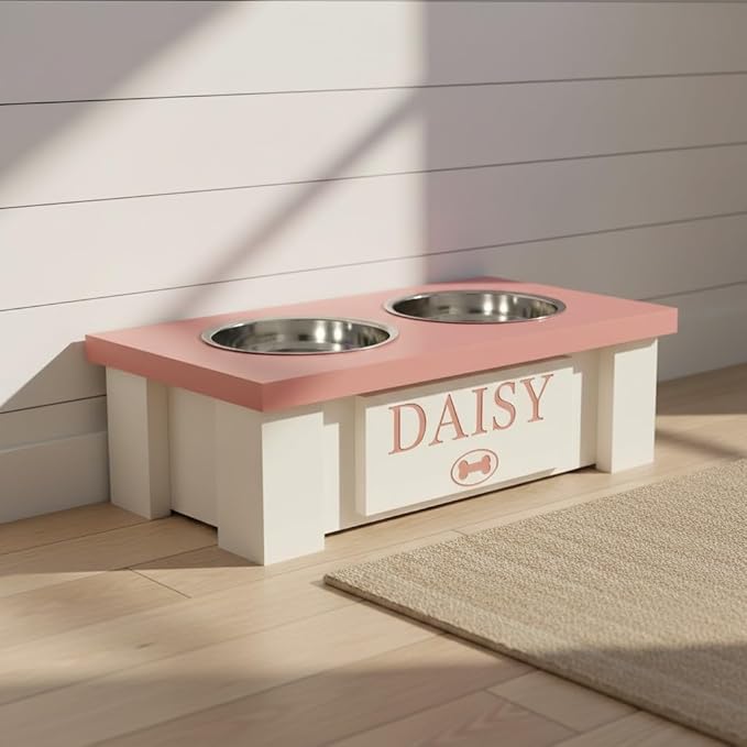 GrooveThis Woodshop - Personalized Elevated Dog Bowl Stand for Large, Medium, Small, X-Small Dogs - Stainless Steel Food and Water Bowls - Raised Dog Dish with Internal Storage (X-Small, Magenta)