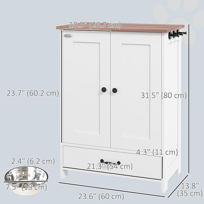 PawHut Pet Feeding Station, Elevated Dog Bowls, Dog Food Storage Cabinet with Hidden Bowls, Adjustable Panel, Hooks for Medium Sized Breed, White