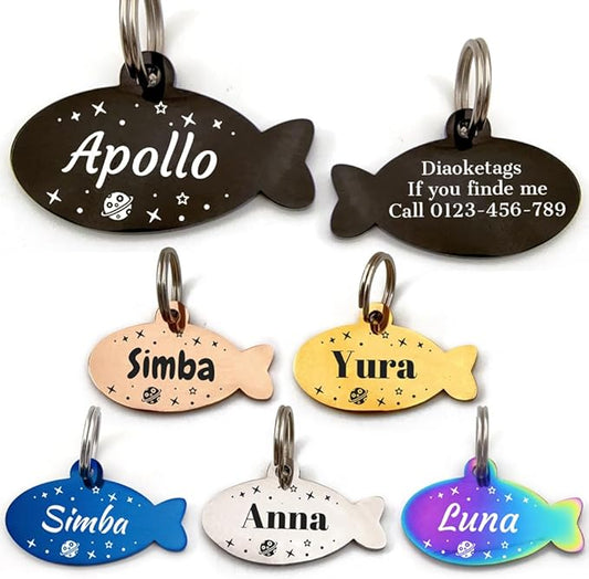 Stainless Steel Cat ID Tag Personalized Pet Tags with up to 4 Lines of Custom Text, Small Pet Mini Dog Cat Tag Lightweight, Engraved on Both Sides, Multiple Patterns Colors Size Options (Star)