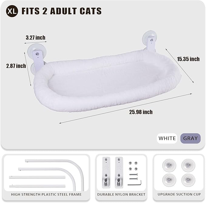 Cat Window Perch with Strong Suction Cups, Cat Window Hammock Foldable Bed with Breathable Mesh, All-Season Lounger for Medium Small Cats to Bird Watch & Sunbathe (White, XL)