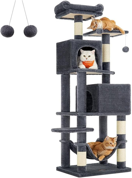 Feandrea Cat Tree, 61-Inch Cat Tower for Indoor Cats, Plush Multi-Level Cat Condo with 5 Scratching Posts, 2 Perches, 2 Caves, Hammock, 2 Pompoms, Smoky Gray UPCT192G01