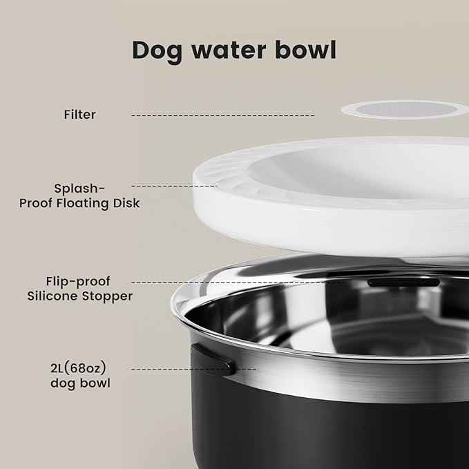 Gardner Pet Slow Water Bowl for Dogs, 2L/68oz Spill-Proof Pet Water Bowl with Floating Disk & Filter Screen, Stainless Steel No-Spill Water Dispenser for Small & Medium Pets