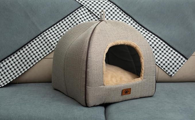 WINDRACING Cat Bed - Cat Cave House Tent with Washable Cushioned Pillow, Soft Kitten Beds, Pet Furniture (Large, Beige)