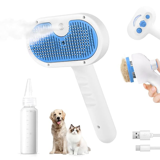 Pet Steam Brush for Dog & Cat - 3-in-1 Steam Grooming Brush for Shedding & Hair Removal - Self Cleaning Spray Comb with Mist for Long Haired Pets, Blue