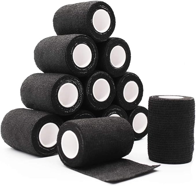 12 Rolls Elastic Self Adhesive Bandage Wrap 3 Inch, Breathable Non Woven Cohesive Bandage, Vet Wrap for Dogs, Ankle Sprains Swelling Medical First Aid Tape, Sports Athletic Tape Black