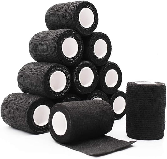 12 Rolls Elastic Self Adhesive Bandage Wrap 3 Inch, Breathable Non Woven Cohesive Bandage, Vet Wrap for Dogs, Ankle Sprains Swelling Medical First Aid Tape, Sports Athletic Tape Black
