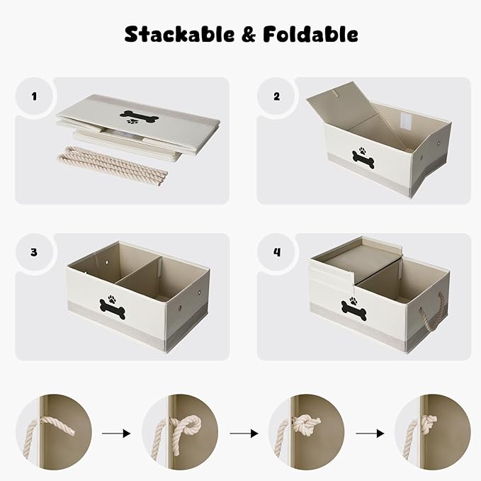 Dog Toy Basket with Double-Open Lid, Divided Dog Basket for Toys, Collapsible Pet Toy Box, Dog Storage Organizer with 2 Divided Area, Puppy Toy Baskets with Rope Handles, Beige & Gray