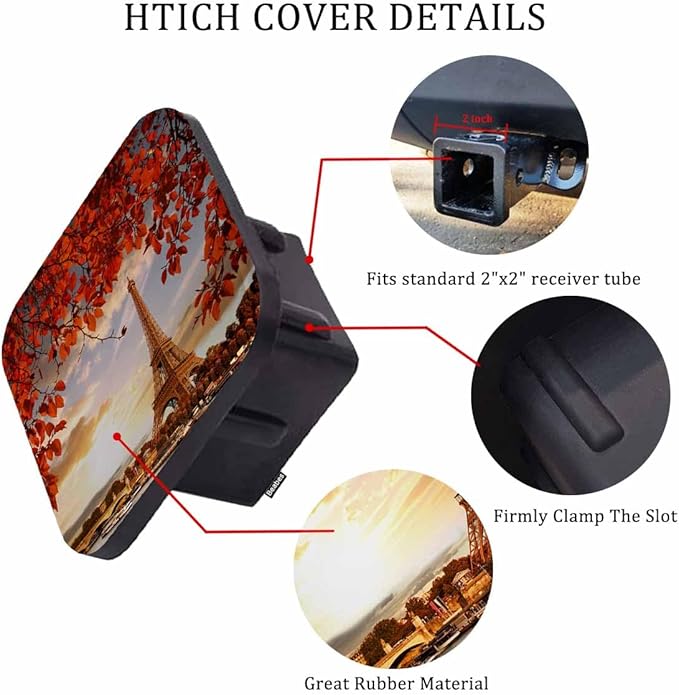 2" Receiver Hitch Cover Eiffel Tower, Paris Autumn Maple Leaves Eiffel Tower Sturdy Rubber Hitch Covers Towing Receiver Hitch Plug Cover Truck Trailer Hitch Accessories for Men Women, Fall Red