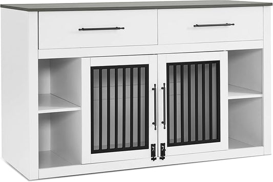 Lovupet Wooden Dog Crate Furniture, Pet House End Table with Large Drawers, Pet Crate for Small/Medium Dogs 1858 (White and Grey)