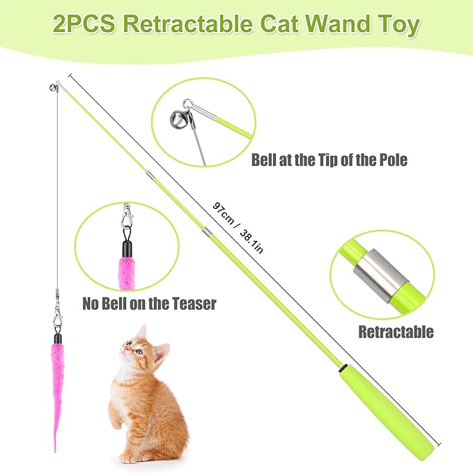 ChicWow Interactive Retractable Cat Wand & Hanging Toys for Cats - 2 Wands, 2 Hanging, 7 Teaser Cat Toys for Indoor Adult Cats Kitten, Includes Feather, Mouse, Fish, Worm, 1 Spare Elastic Rope