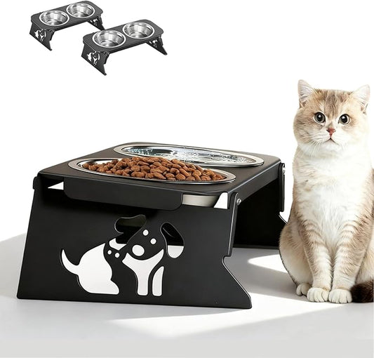 2 Set Elevated Cat Bowls, 4 Stainless Steel Bowls with Cute Raised Metal Stand for Food&Water, Zero Assembly, 12°Tilted Anti-Vomiting Cat Dishes for Indoor Cats/Multiple Kitten/Puppy
