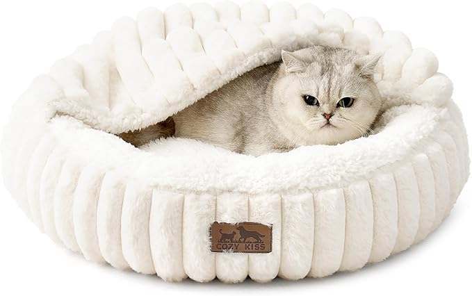 Cat Bed with Hooded Blanket, Round Fluffy Anti-Anxiety Pet Bed for Cats/Toy Breed Dogs, Cozy Donut Cuddler with Machine Washable Faux Fur & Anti-Slip Bottom(20"×20"×6",Cream)