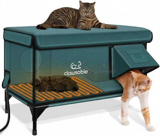 Indestructible Heated Cat House for Outside Winter, 100% Waterproof, Safe Escape Door, Insulated Outdoor Cat Shelter with Heater for Feral Barn Cat Kitty (Forest Green, 29"x17"x20")