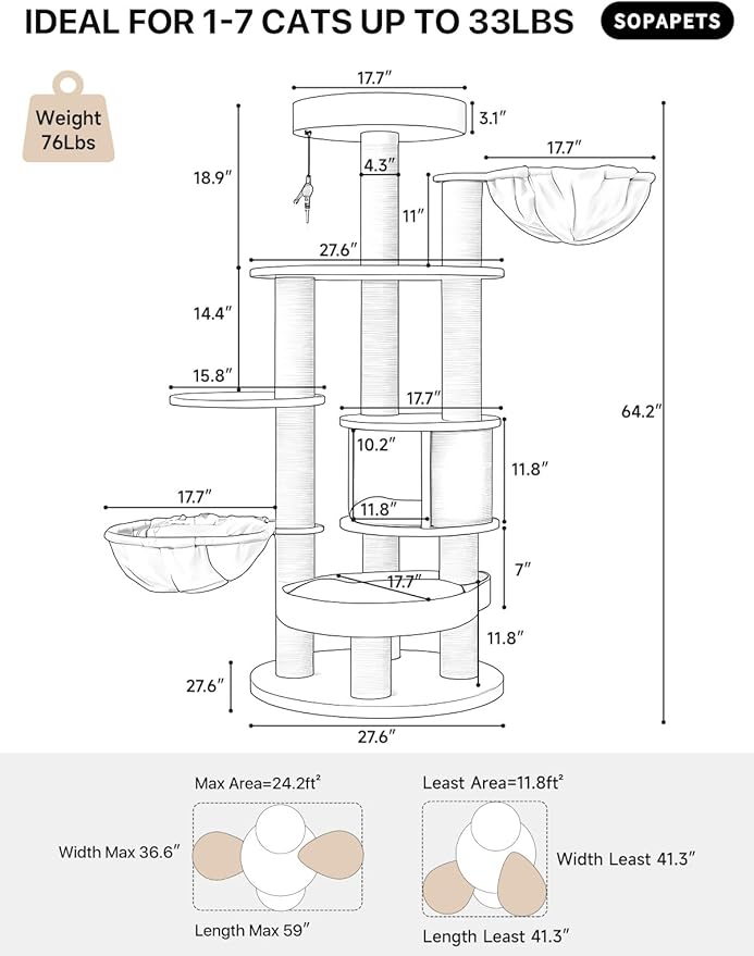 Extra Large Cat Tree for Maine Coon,65 Inches Tall Cat Tree Tower for Indoor Cats Large Adult 20 lbs,XXL Heavy Duty Luxury Sturdy Cat House with Big Hammock,Sisal Scratching Post,Condo