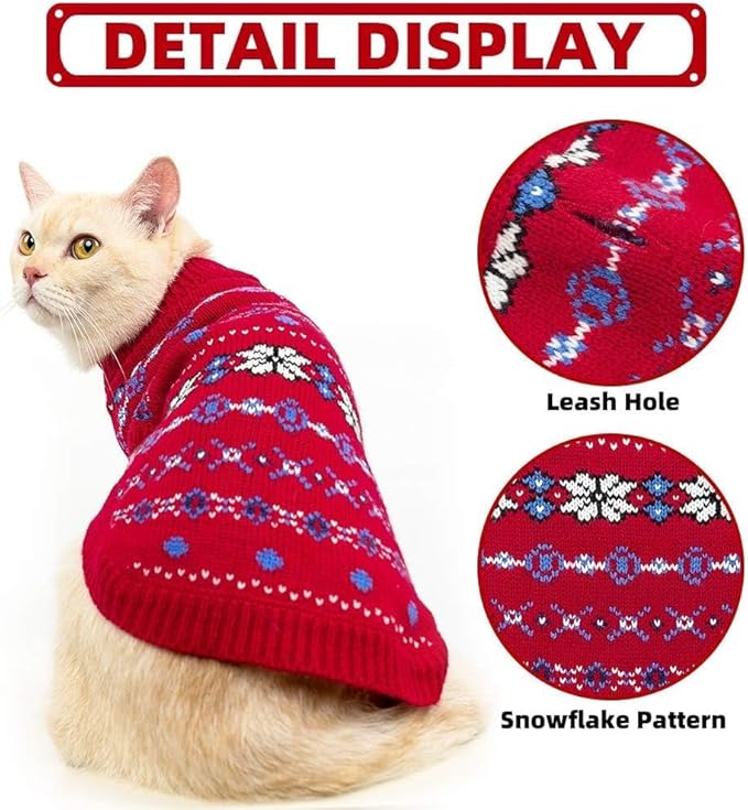 BINGPET Cat Clothes Turtleneck Knitted Sleeveless Sweater, Cute Kitten Puppy Apparel with Snow Pattern, Sphynx Cat Clothes for Cold Weather (Red, Small)