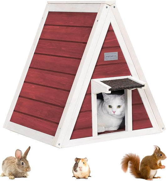 Petsfit Outdoor Cat House Weatherproof, Outside Feral Cat House with Escape Door,Outdoor Indoor Pet House for Small Animal, Small Rabbit Hutch Red